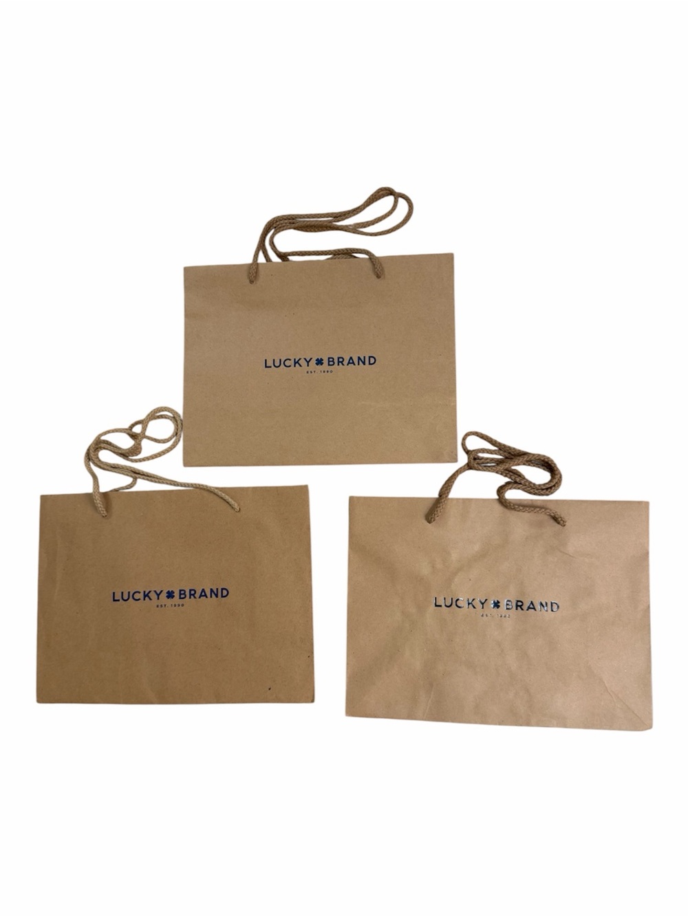 Lucky Brand Lot of 3 Kraft Brown Paper Gift Bags with Navy Logo